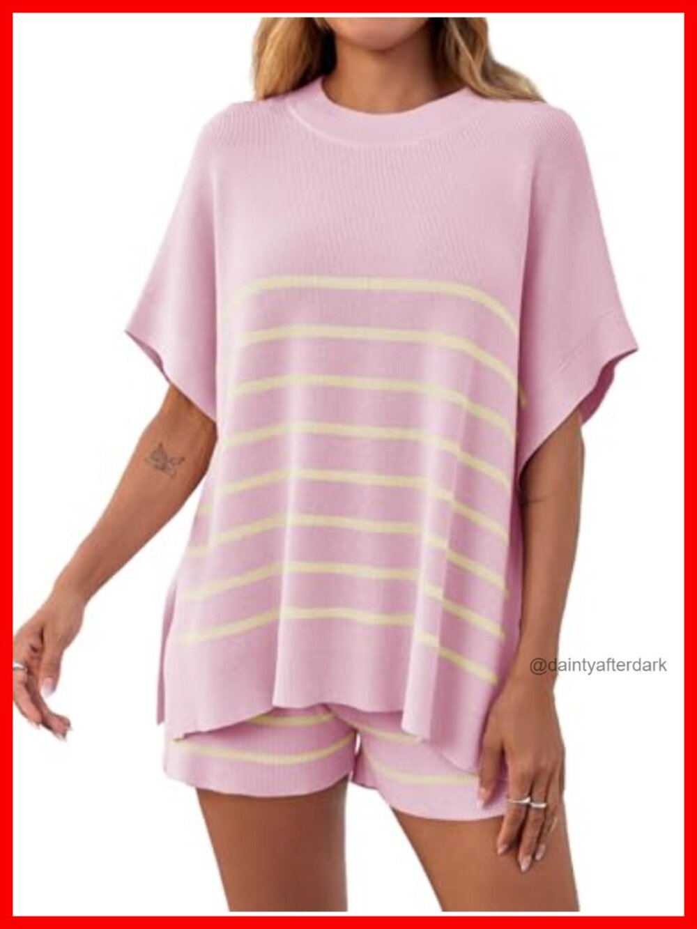 Women's Striped 2 Piece Knit Lounge Short Set Batwing Sleeve Oversized